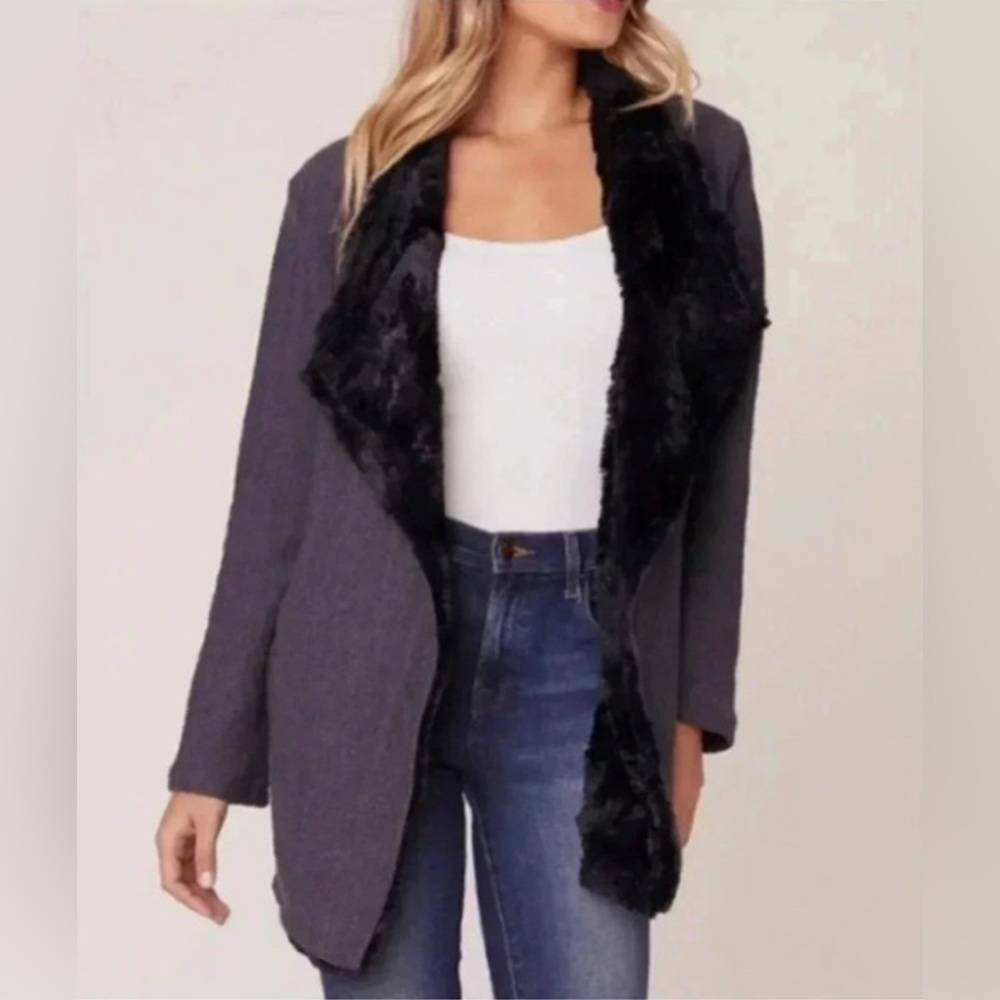 Jack by BB Dakota Grey Open Drape Jacket/Sweater XS Chevron Faux Fur Trim Fall